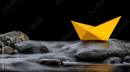 Yellow Origami Boat Floating on Smooth Water Over Dark Rocks Creating a Tranquil Scene