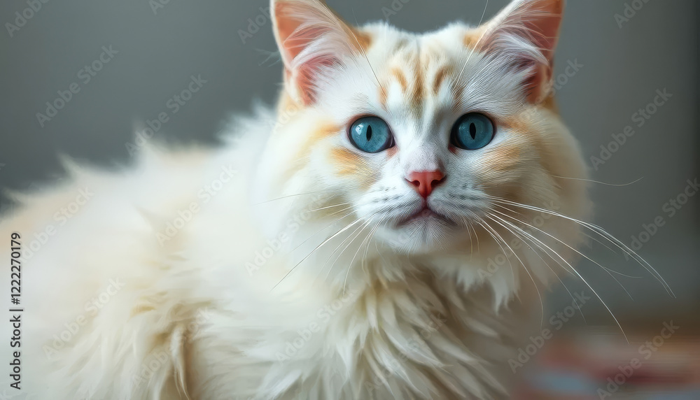 Fluffy white cat with blue eyes is sitting on a carpet Fluffy white cat with blue eyes is sitting on a carpet