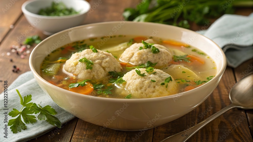 Rich homemade chicken broth served with fluffy dumplings and fresh vegetables in a rustic setting Rich homemade chicken broth served with fluffy dumplings and fresh vegetables in a rustic setting