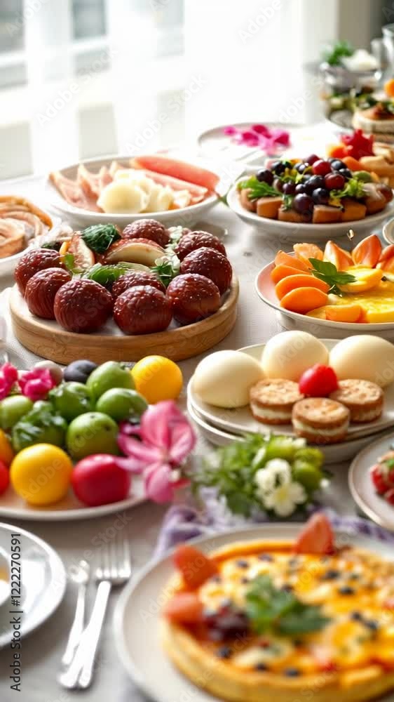 Colorful Easter Brunch Spread with Ham, Quiche, and Fresh Fruit
