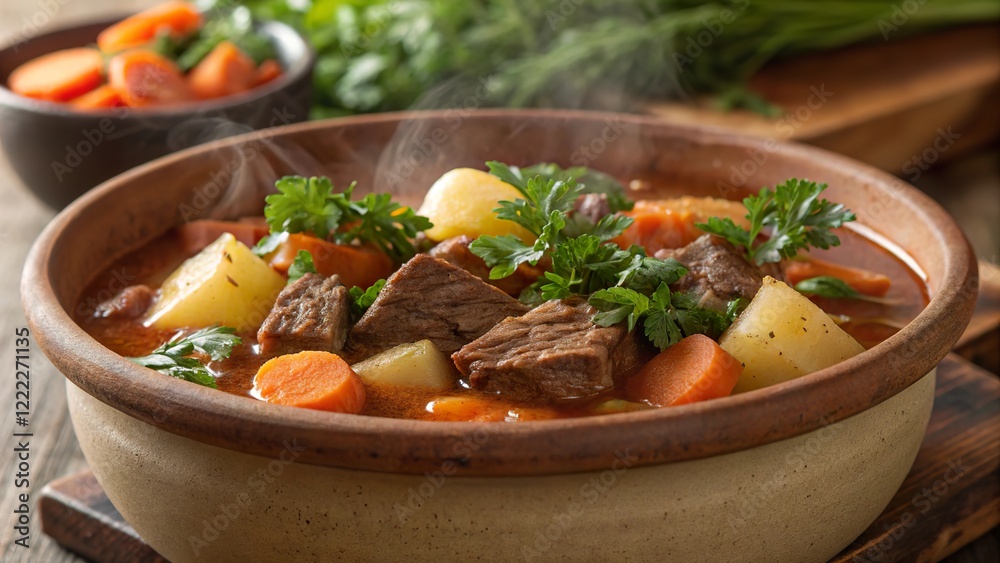 Savory easter beef stew served in a rustic bowl with fresh vegetables and herbs for a hearty meal Savory easter beef stew served in a rustic bowl with fresh vegetables and herbs for a hearty meal