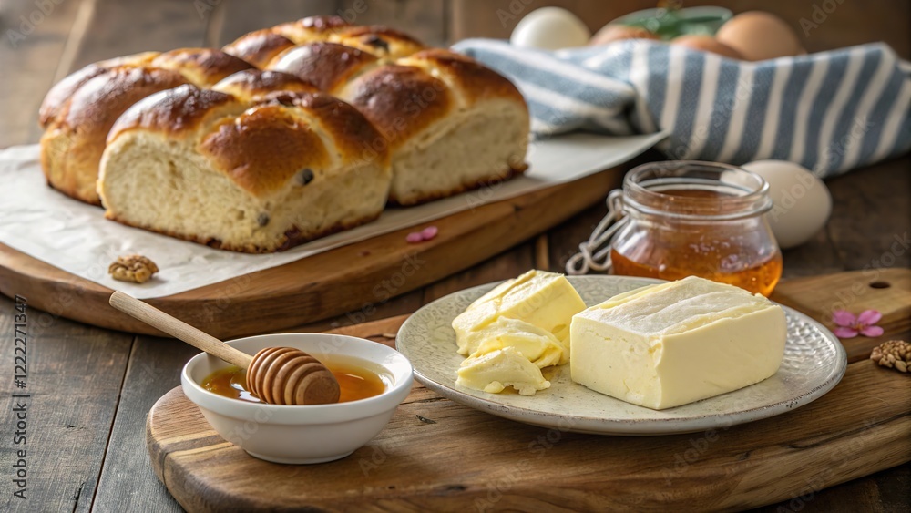 Delicious Easter bread served with butter, honey, and eggs on a rustic wooden table Delicious Easter bread served with butter, honey, and eggs on a rustic wooden table