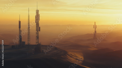 Digital UHF radio communication isometric banner, telecom tower and walkie talkie with antennas radiate waves. Transmitter equipment for wireless telephone connection, broadcast 3d vector illustration