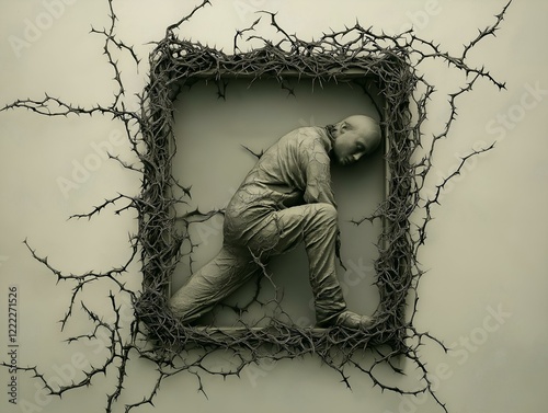 trapped figure, barbed wire cage, dark background, somber and hopeless scene