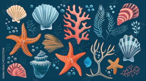Set of sea shells, corals, and starfish background