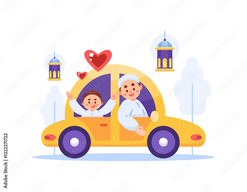 illustration of a father and son riding a car to go home to their hometown. happy family going home. enjoying the trip. traveling. ramadan, eid al-fitr, eid al-adha. flat style design. elements illustration of a father and son riding a car to go home to their hometown. happy family going home. enjoying the trip. traveling. ramadan, eid al-fitr, eid al-adha. flat style design. elements