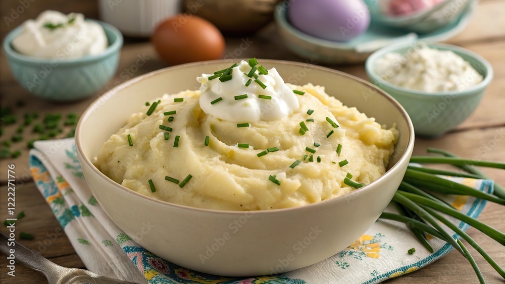 Warm fluffy mashed potatoes served in a bowl with chives and doll playfully positioned nearby at a cozy kitchen setting Warm fluffy mashed potatoes served in a bowl with chives and doll playfully positioned nearby at a cozy kitchen setting
