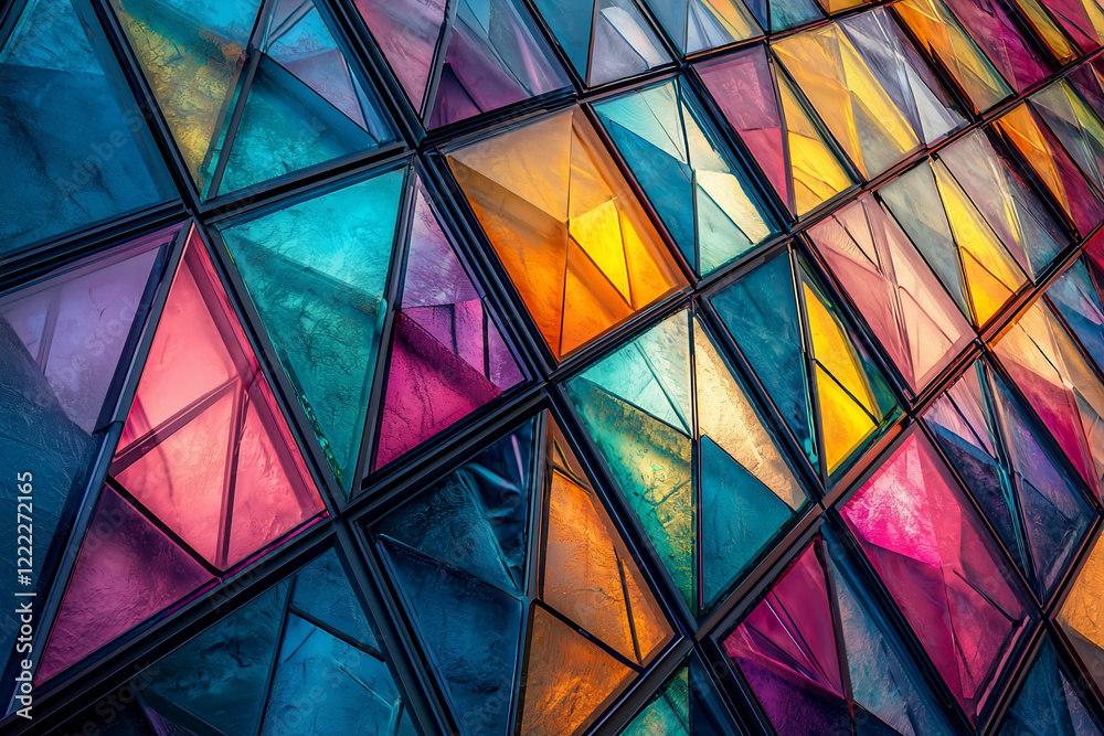 Colorful geometric glass wall reflecting sunlight, creating vibrant patterns in an urban setting Colorful geometric glass wall reflecting sunlight, creating vibrant patterns in an urban setting