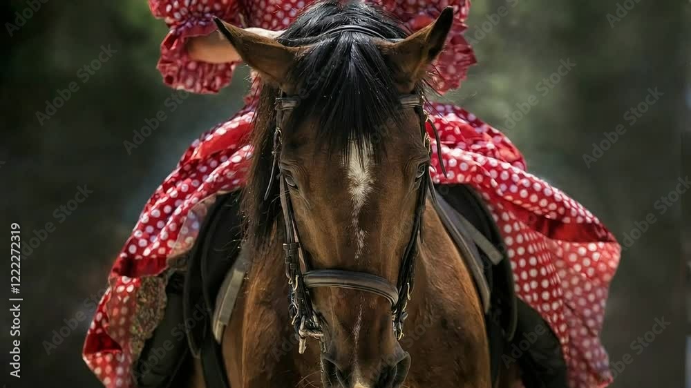 Close-up of a Horse and Rider in a Red Polka Dot Dress during an Equestrian Performance Close-up of a Horse and Rider in a Red Polka Dot Dress during an Equestrian Performance
