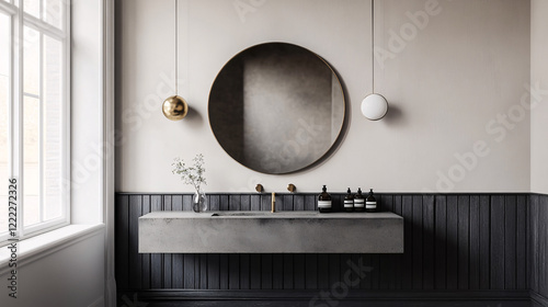 minimalist modern bathroom with concrete sink and round mirror