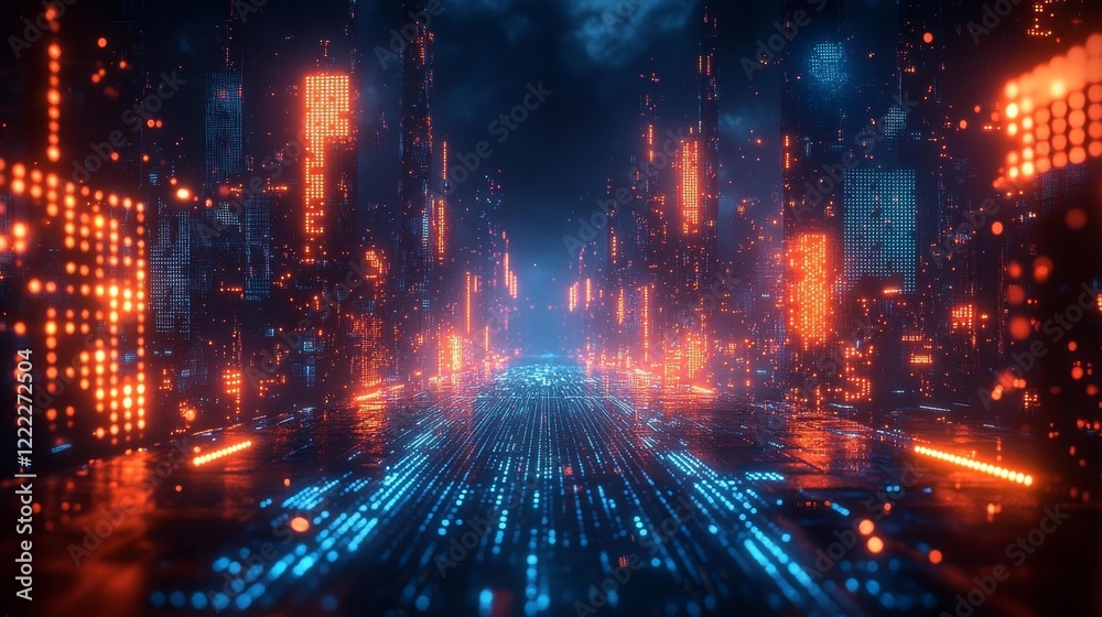 Fototapeta premium Futuristic digital cityscape with glowing pixel grids and holographic patterns. Generative AI