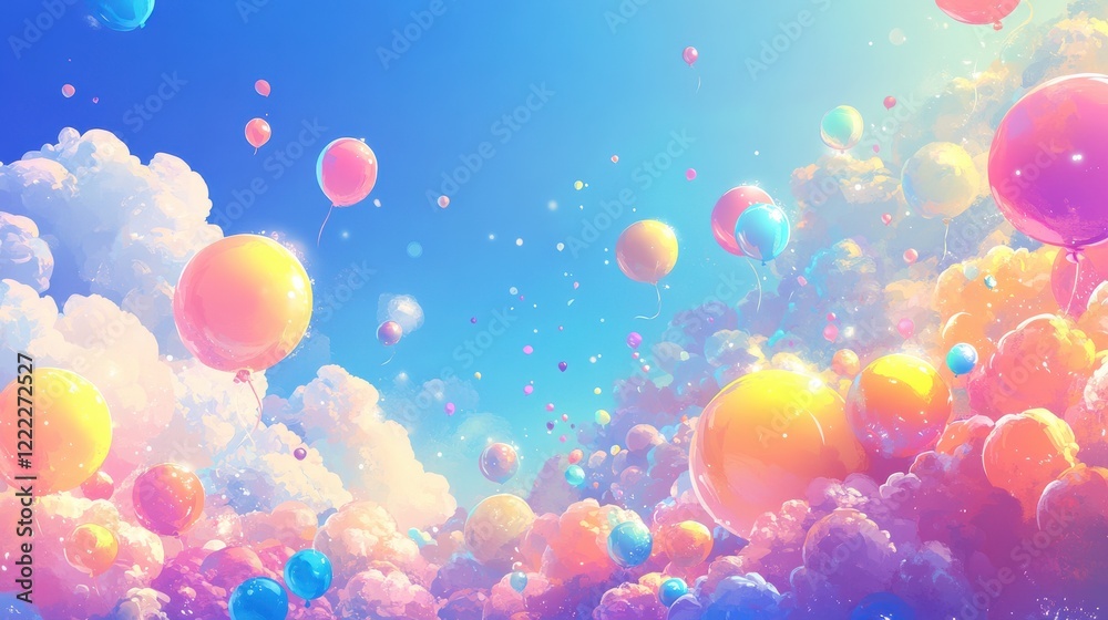 Colorful Balloons Floating in a Dreamy Sky with Pastel Clouds Colorful Balloons Floating in a Dreamy Sky with Pastel Clouds