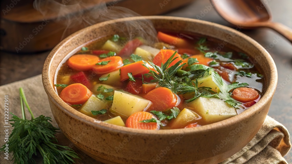 Warm vegetable soup featuring carrots, potatoes, and green herbs in a rustic bowl on a wooden table in a cozy kitchen setting during autumn Warm vegetable soup featuring carrots, potatoes, and green herbs in a rustic bowl on a wooden table in a cozy kitchen setting during autumn