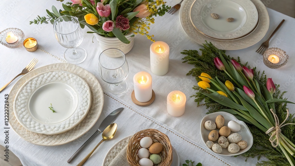 Elegant Easter dinner setting showcasing beautifully arranged flowers and delicate tableware for a festive gathering
