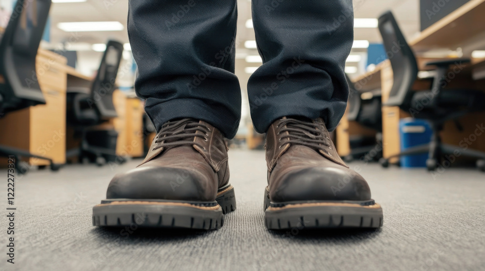 A pair of brown work boots stands on a carpeted office floor, suggesting a professional environment and readiness for tasks ahead. A pair of brown work boots stands on a carpeted office floor, suggesting a professional environment and readiness for tasks ahead.
