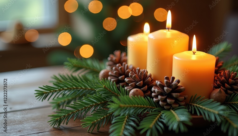 Festive Holiday Scene: Three Candles, Pine Cones, and Evergreen Branches on Wooden Surface Festive Holiday Scene: Three Candles, Pine Cones, and Evergreen Branches on Wooden Surface