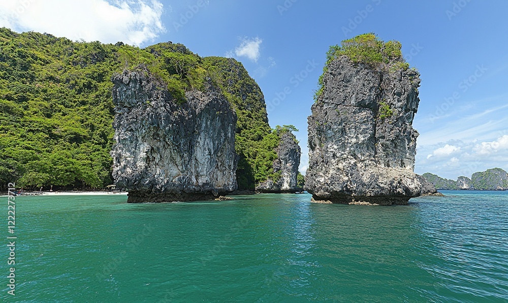 Naklejka premium Tropical island beach with rock formations in turquoise ocean, ideal for travel ads
