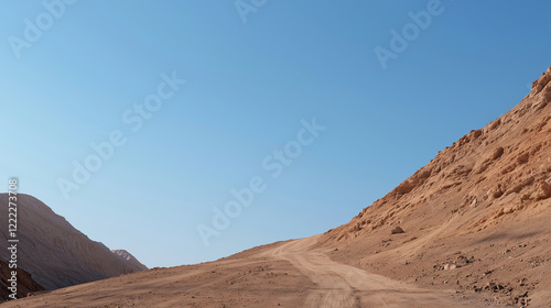 Desert Road Through Arid Landscape: Dirt Road Between Rocky Hills Under Blue Sky
