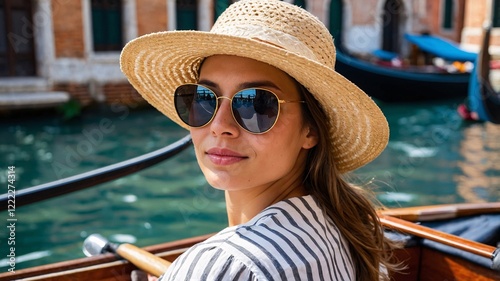 Exploring the serene canals of Venice, a female traveler captures the essence of adventure while enjoying the tranquility of the waterways on a warm sunny day