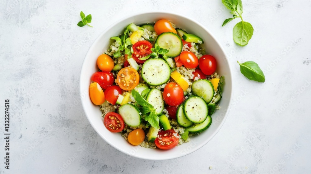 A bowl of fresh quinoa salad with cucumbers, cherry tomatoes, bell peppers A bowl of fresh quinoa salad with cucumbers, cherry tomatoes, bell peppers