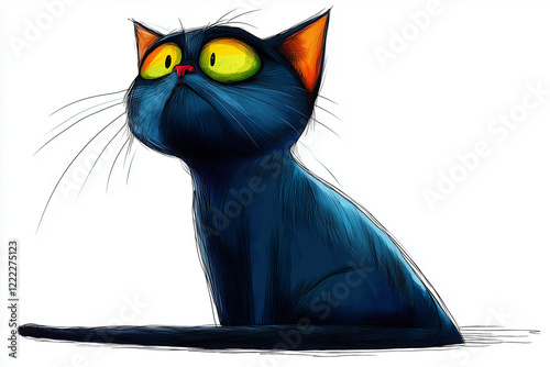 Black cat with bright yellow eyes sits quietly, gazing upwards, showcased in colorful illustration style photo