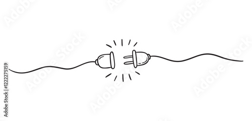 Plug inserting into electric outlet. Power socket disconnect doodle hand drawn icon. Outline drawing 404 error connection concept line clipart symbol