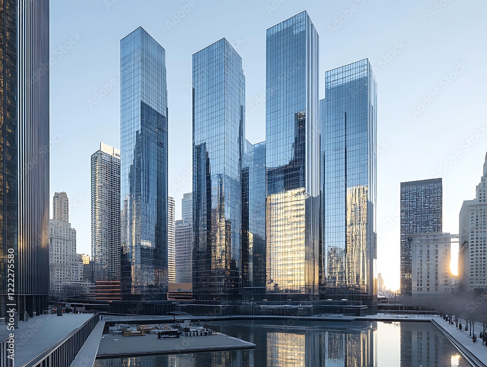 Fototapeta premium City Skyline Dominated by Tall Glass Skyscrapers Reflecting Sunrise, Modern Urban Architecture with Futuristic Aesthetic in a Serene Morning Glow