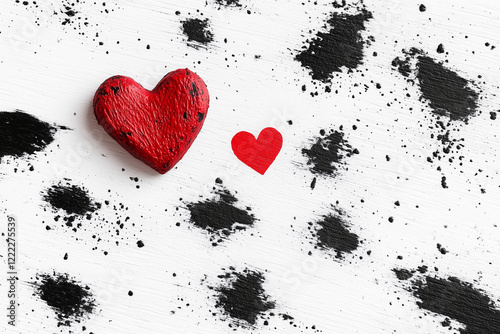 Wooden red heart and small red heart placed against a white backdrop with black paint splatters for a creative expression of love photo