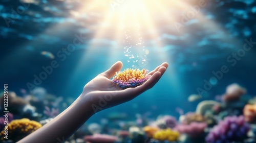 A hand gently holds a vibrant coral reef underwater, with sunlight filtering through the ocean surface photo