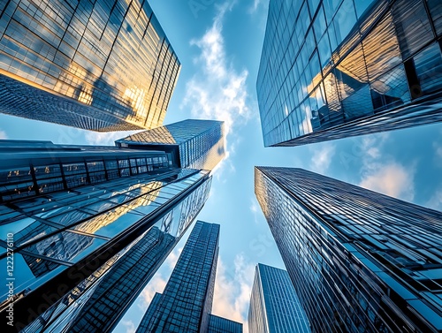 City Skyline Dominated by Tall Glass Skyscrapers Reflecting Sunrise, Modern Urban Architecture with Futuristic Aesthetic in a Serene Morning Glow