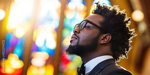 gospel - well-dressed black religious adult praising the lord almighty in church