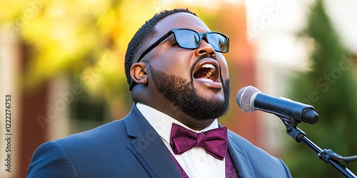 gospel - well-dressed black religious adult praising the lord almighty in church