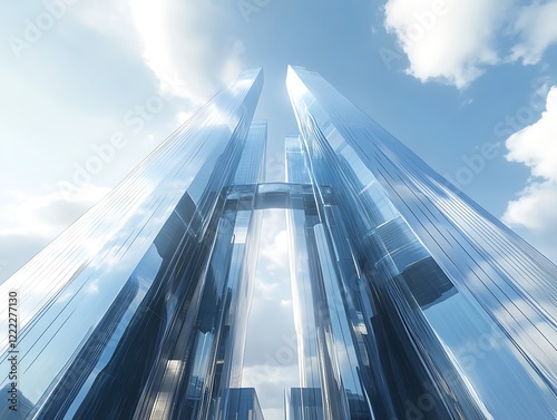 City Skyline Dominated by Tall Glass Skyscrapers Reflecting Sunrise, Modern Urban Architecture with Futuristic Aesthetic in a Serene Morning Glow