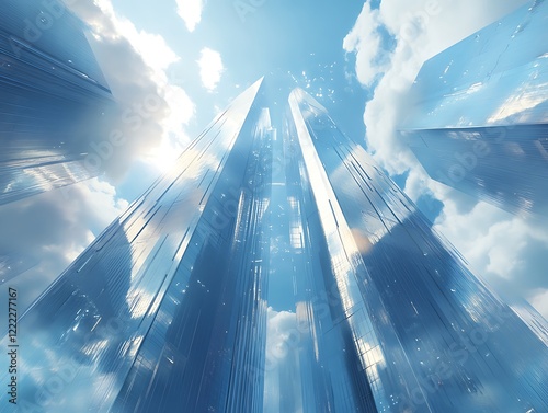 City Skyline Dominated by Tall Glass Skyscrapers Reflecting Sunrise, Modern Urban Architecture with Futuristic Aesthetic in a Serene Morning Glow