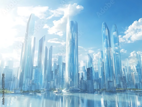 City Skyline Dominated by Tall Glass Skyscrapers Reflecting Sunrise, Modern Urban Architecture with Futuristic Aesthetic in a Serene Morning Glow
