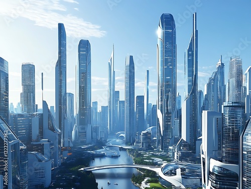 City Skyline Dominated by Tall Glass Skyscrapers Reflecting Sunrise, Modern Urban Architecture with Futuristic Aesthetic in a Serene Morning Glow