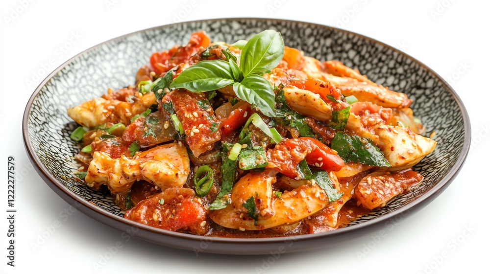 Delicious cooked shrimp with fresh herbs and vibrant vegetables on a decorative plate. Delicious cooked shrimp with fresh herbs and vibrant vegetables on a decorative plate.