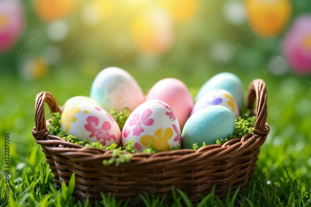 Rustic Easter Basket with Painted Eggs: Vibrant Springtime Setting with Green Grass and Floral Accents Rustic Easter Basket with Painted Eggs: Vibrant Springtime Setting with Green Grass and Floral Accents