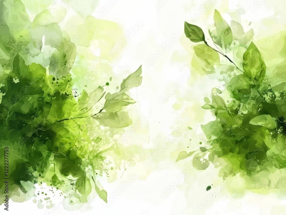 Fototapeta premium Abstract Green Leaves Watercolor Painting, Background, Texture, Art, Design, Illustration, Nature, Floral, Spring, Summer