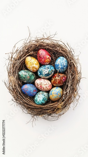 a birds nest with painted eggs styled symetrically on a white background photo