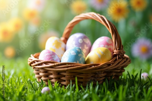 Rustic Easter Basket with Painted Eggs: Vibrant Springtime Setting with Green Grass and Floral Accents
