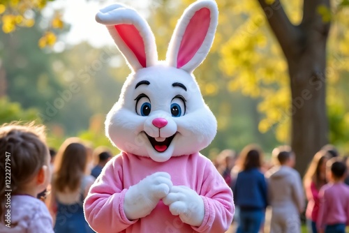 Easter Bunny Mascot with Children: Festive Park Celebration with Pastel Decorations and Springtime Joy