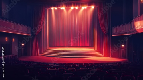 Elegant Theater Stage with Red Curtain and Soft Lighting Accents