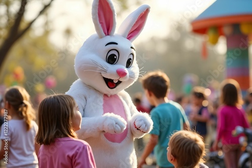 Easter Bunny Mascot with Children: Festive Park Celebration with Pastel Decorations and Springtime Joy