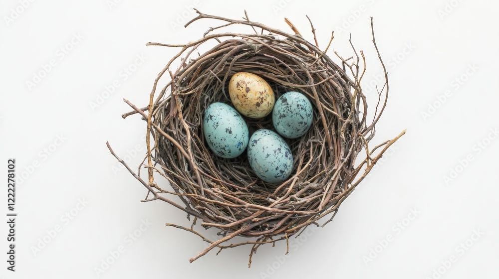 a birds nest with painted eggs styled symetrically on a white background a birds nest with painted eggs styled symetrically on a white background