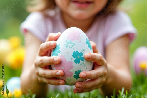 Close-Up of a Child Holding a Decorated Easter Egg: Spring Flowers and Festive Joy