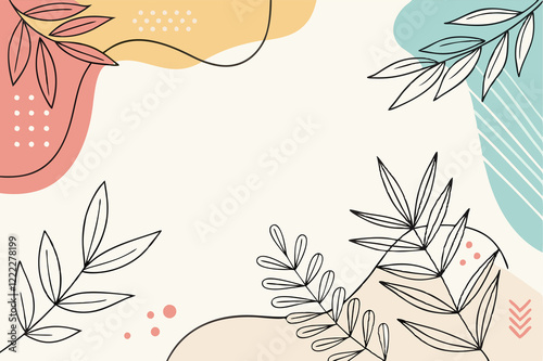 A minimalistic abstract background featuring organic hand-drawn elements like leaves, flowing lines, and geometric shapes