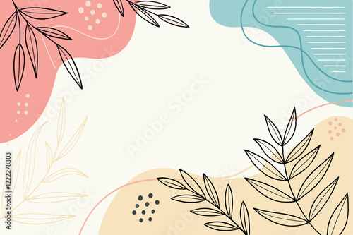 A minimalistic abstract background featuring organic hand-drawn elements like leaves, flowing lines, and geometric shapes