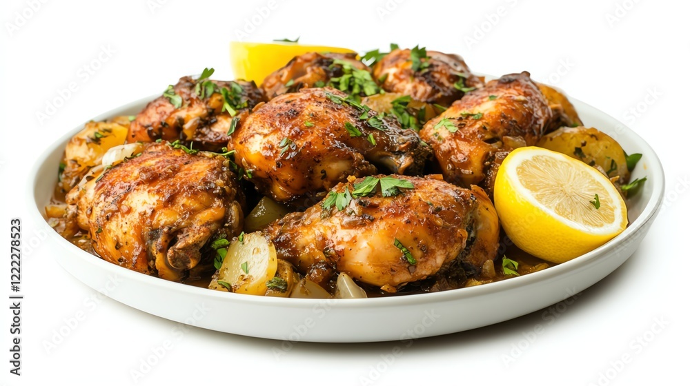 Deliciously roasted chicken thighs with herbs and lemon slices on a white plate. Deliciously roasted chicken thighs with herbs and lemon slices on a white plate.