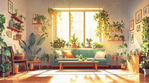 Cozy Green Living Room with Abundant Indoor Plants and Sunlight